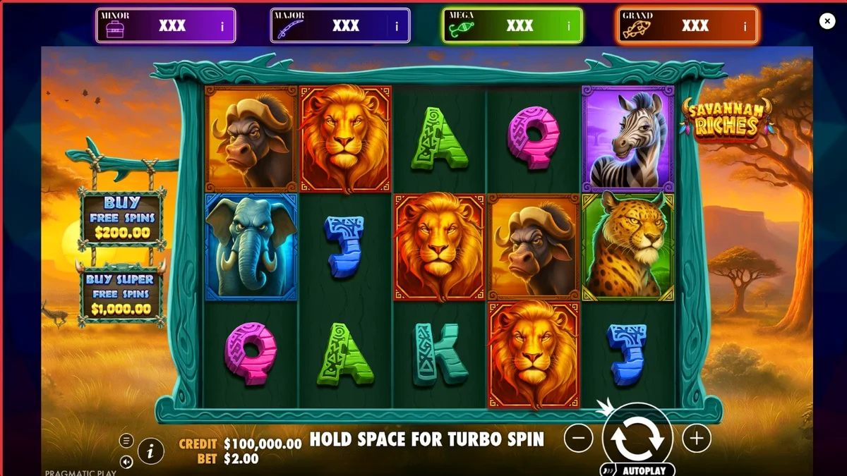 Makulay na disenyo ng Savannah Riches slot na may mga hayop sa savannah